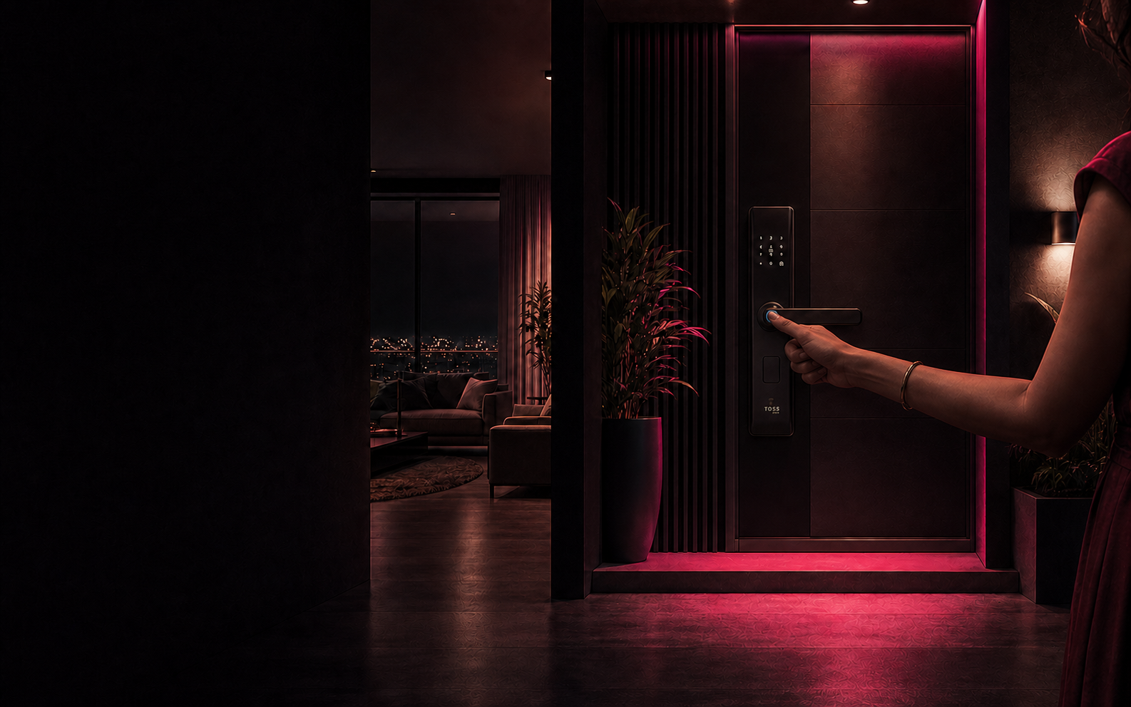 A woman unlocking a Toss Smart Digital Lock with her thumb at her apartment entrance